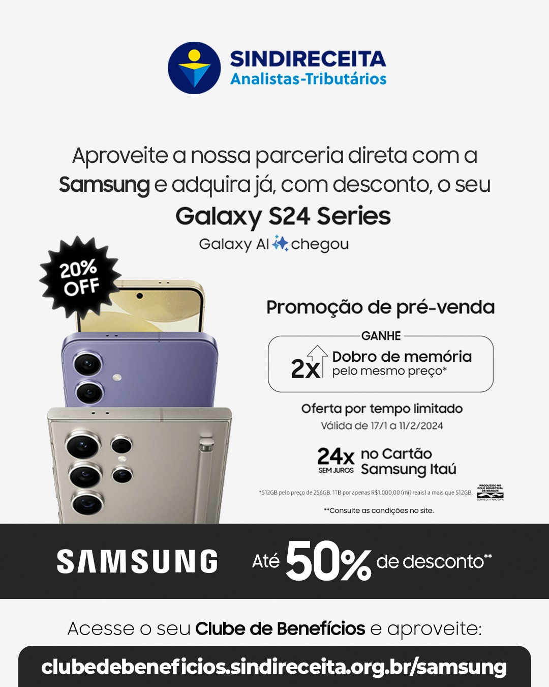 Clube de Benefícios do Sindireceita: descontos especiais no novo Samsung Galaxy S24 Series